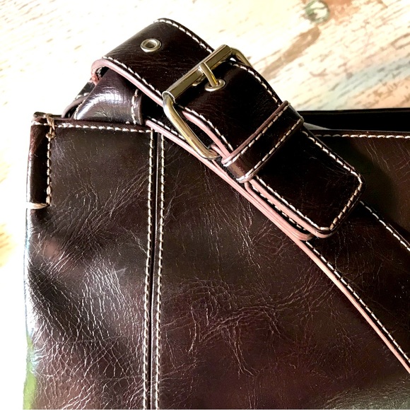 NINE & CO Dark Brown Faux Leather, Silver Hardware Structured Shoulder Bag GUC - Picture 3 of 15
